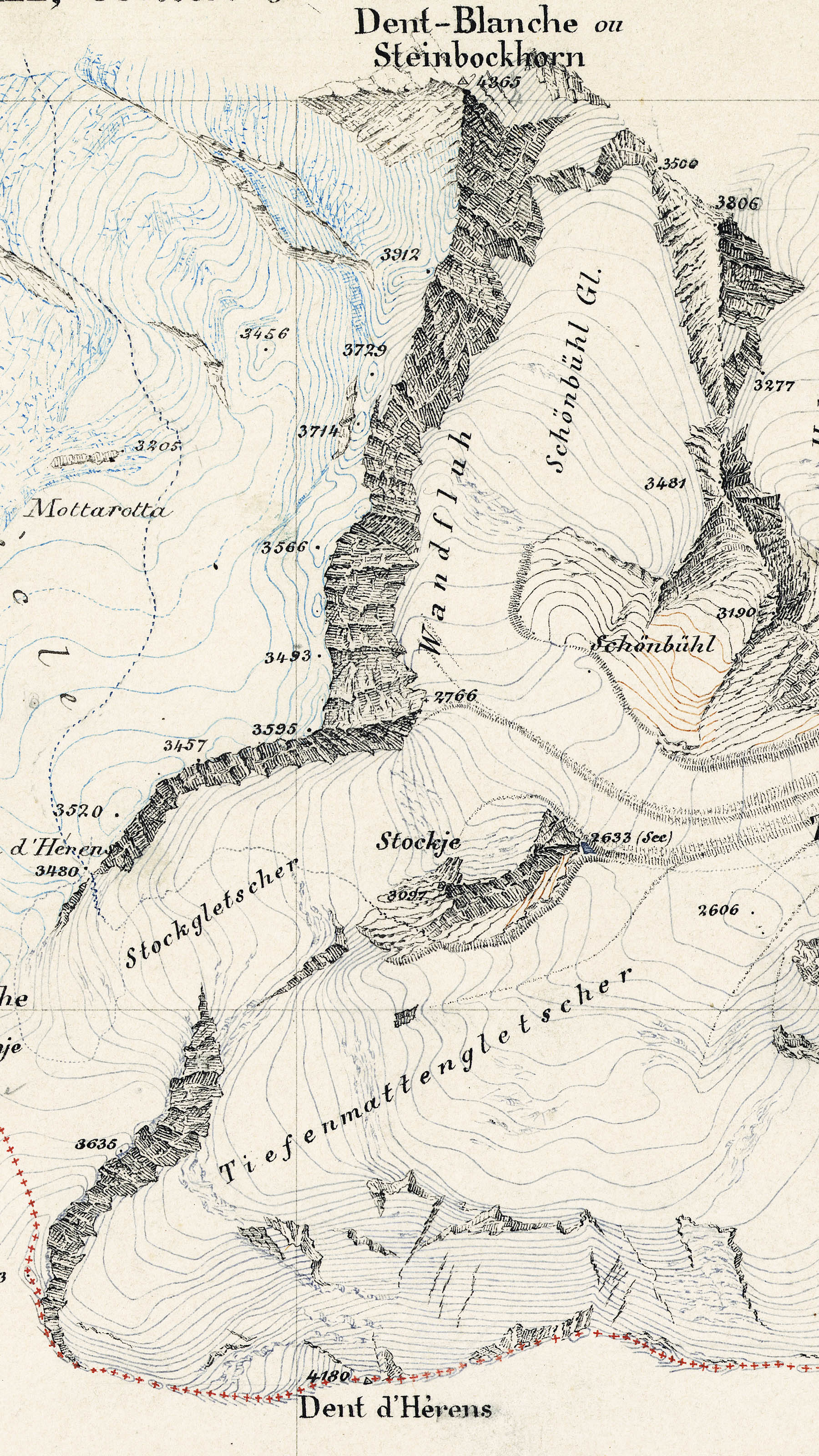 Le levé original, réalisé à la main, montre la Dent Blanche et la Dent d'Hérens dans les localités connues aujourd'hui.