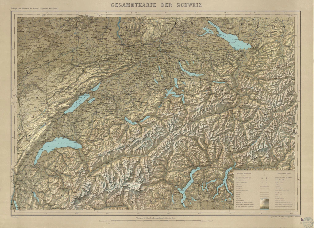 Carte de la Suisse, où dominent les tons jaunes et bruns et où le pays est représenté de manière en relief.
