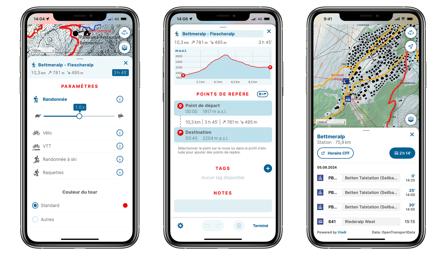 Screens app swisstopo pour planifier d’un tour