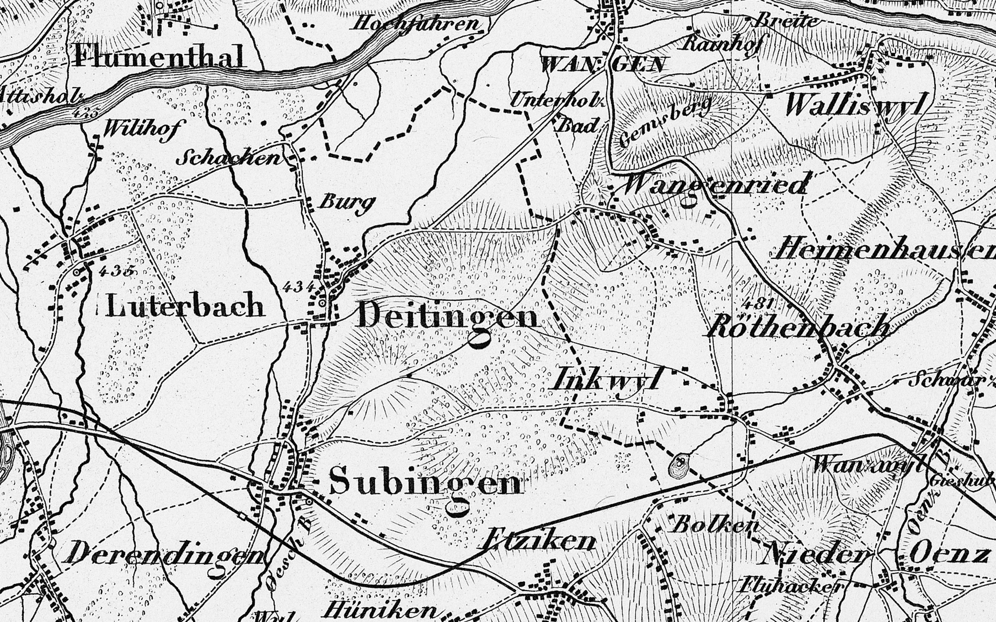 Extrait de la carte Dufour montrant que l'éclairage vertical était utilisé dans les régions plates.