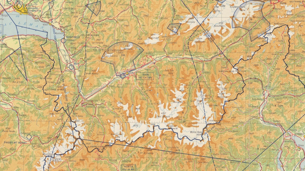 Carte OACI de la Suisse, extrait du Valais, avec impression bleue relative au contrôle aérien