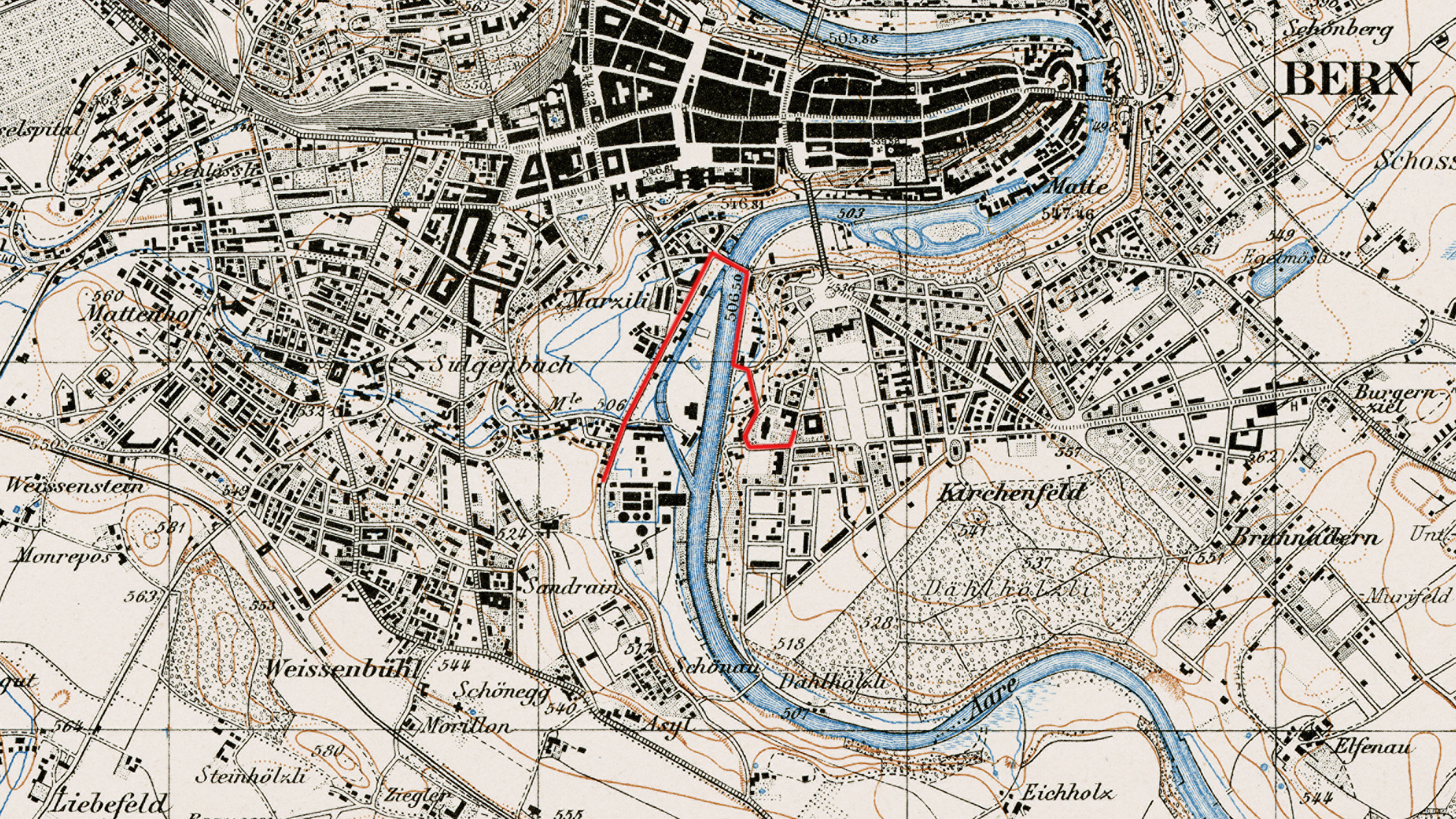 Extrait de la carte Siegfried montrant l'itinéraire d'évacuation de la topographie nationale, du Kirchenfeld à la zone industrielle avec raccordement au chemin de fer de marchandises de l'autre côté de la rivière, en passant par l'Aar.