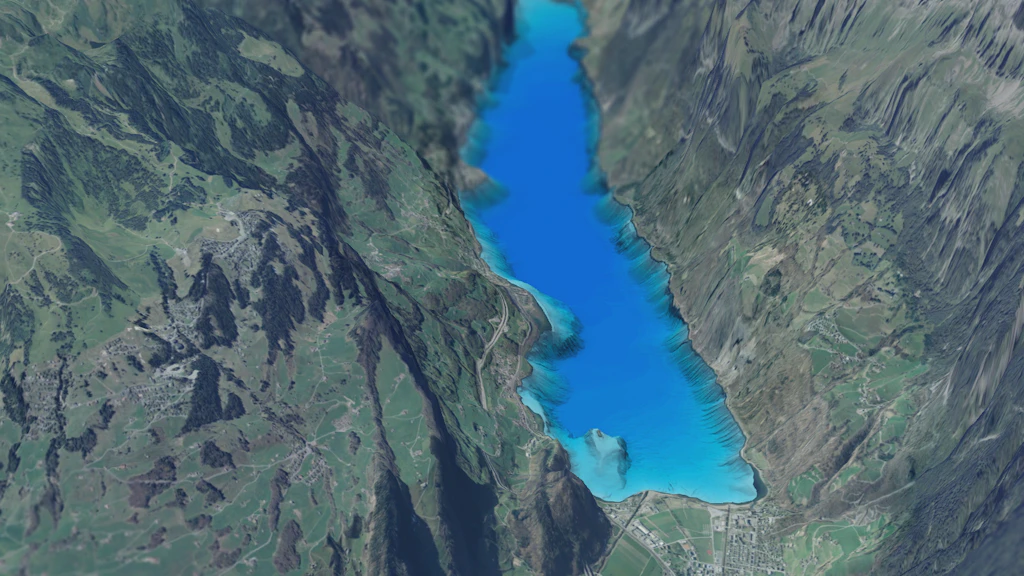 L'image montre le fond du lac de Walenstadt avec le terrain environnant, avec une vue vers l'ouest, vu depuis Walenstadt.