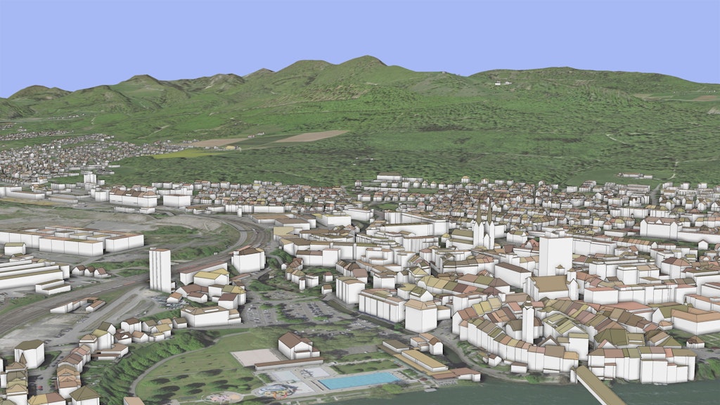 L'image montre des modèles de bâtiments en 3D de la ville de Olten intégrés dans un modèle 3D texturé avec une photo aérienne.