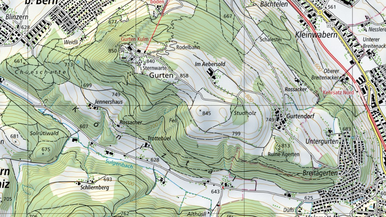 Extrait de la carte nationale montre les différents chemins