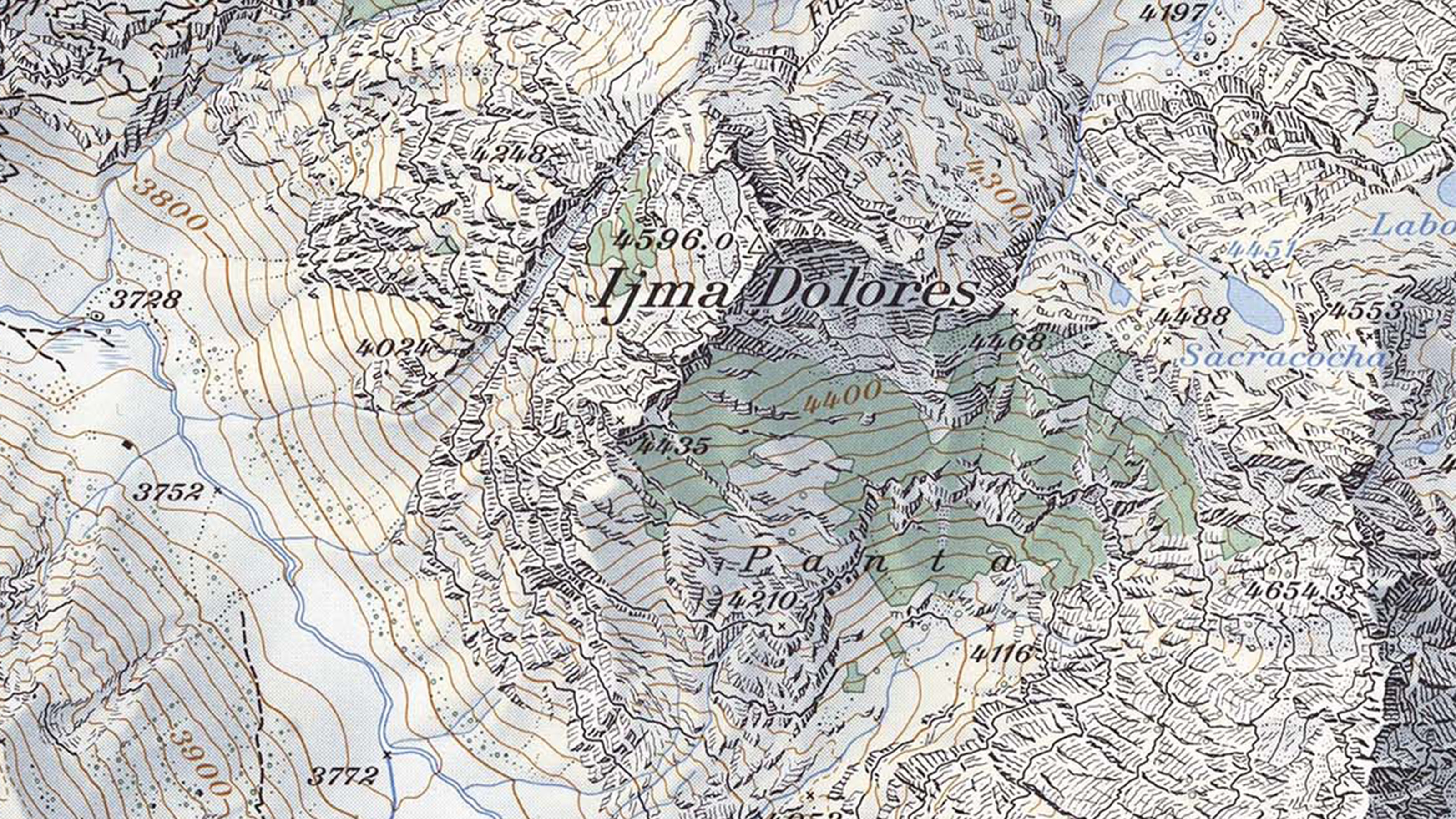 Extrait de la carte "Panta". Elle montre les montagnes péruviennes, les glaciers, les prairies et les cours d'eau à la manière suisse.