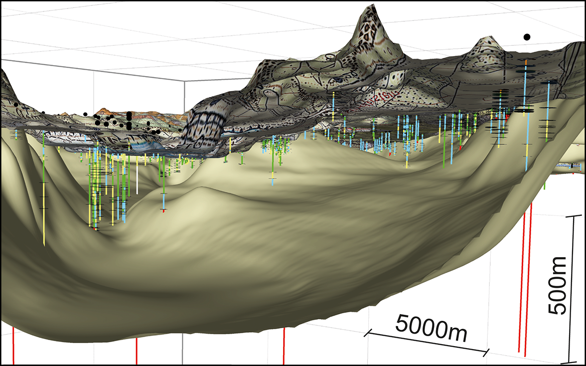 Coupe en 3D à travers la région de Birrfeld (AG): on peut observer la surface terrestre, la limite supérieure de la roche ainsi que les forages dans les roches meubles.