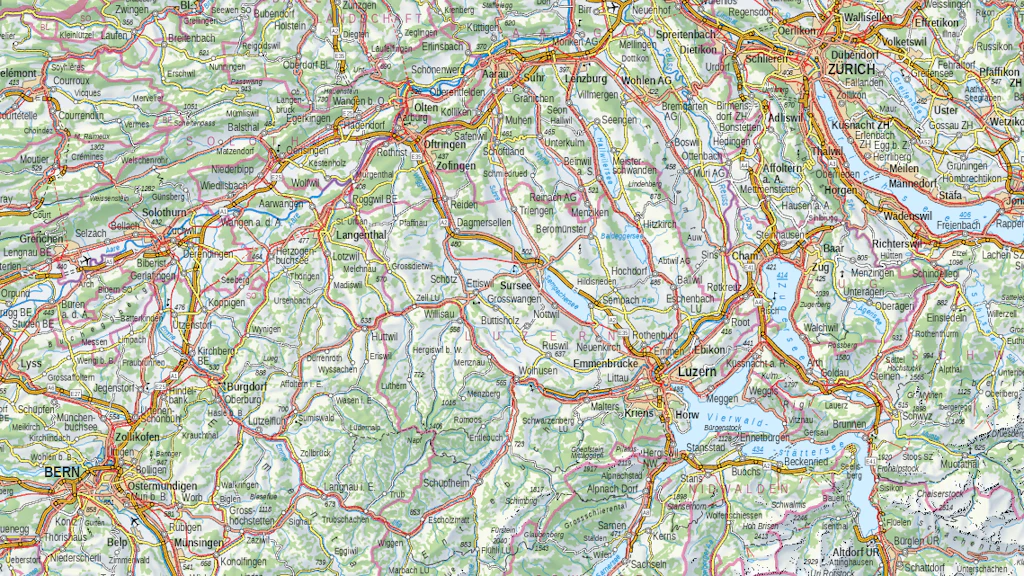 L'image montre un extrait de la carte Swiss Map Vector 500 de la région de Zurich à Berne avec Delémont et Amsteg.