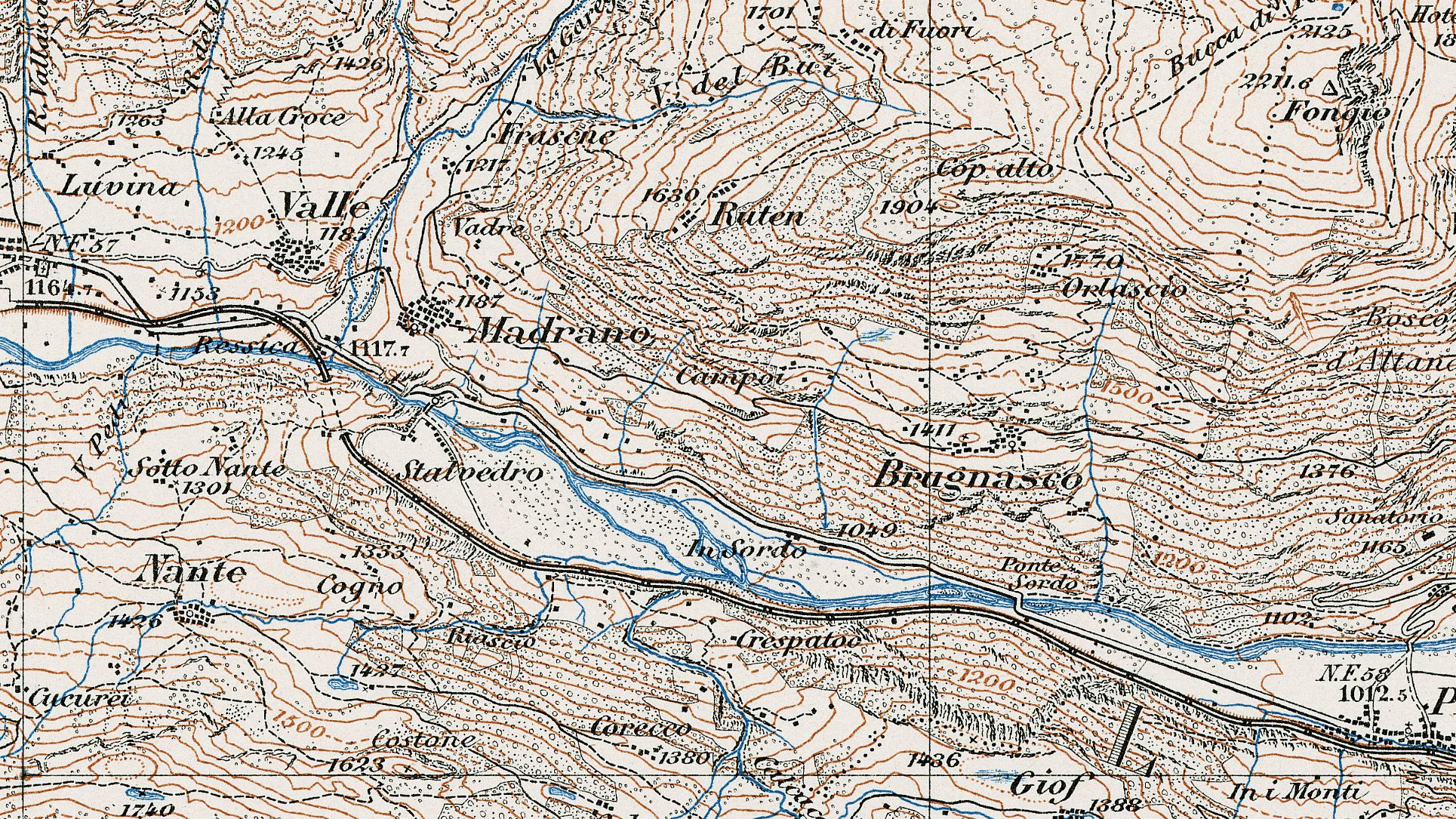 Extrait de la carte Siegfried de 1910 montrant le village de Madrano et ses environs.