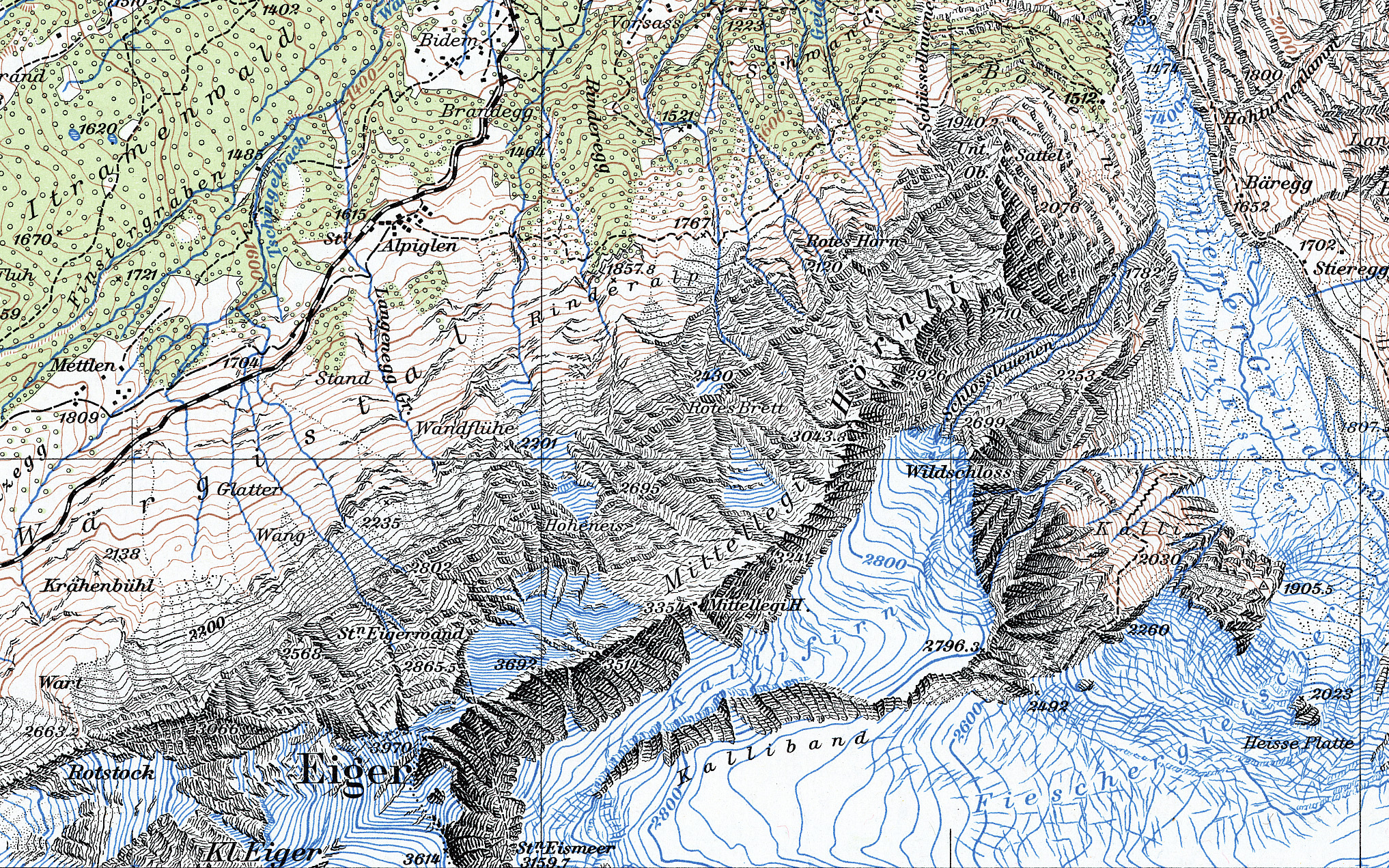 Extrait de la carte nationale montrant l'éclairage des versants nord et la représentation ombragée des versants sud.