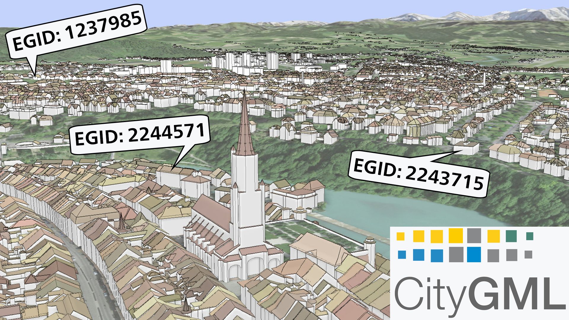 Modèle en 3D de la vieille ville de Berne et de ses alentours avec des modèles de bâtiments du produit swissBUILDINGS3D 3.0 représentés sur une orthophoto.