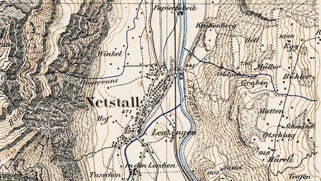 Extrait de la carte tricolore de Siegfried, région de Netstal.