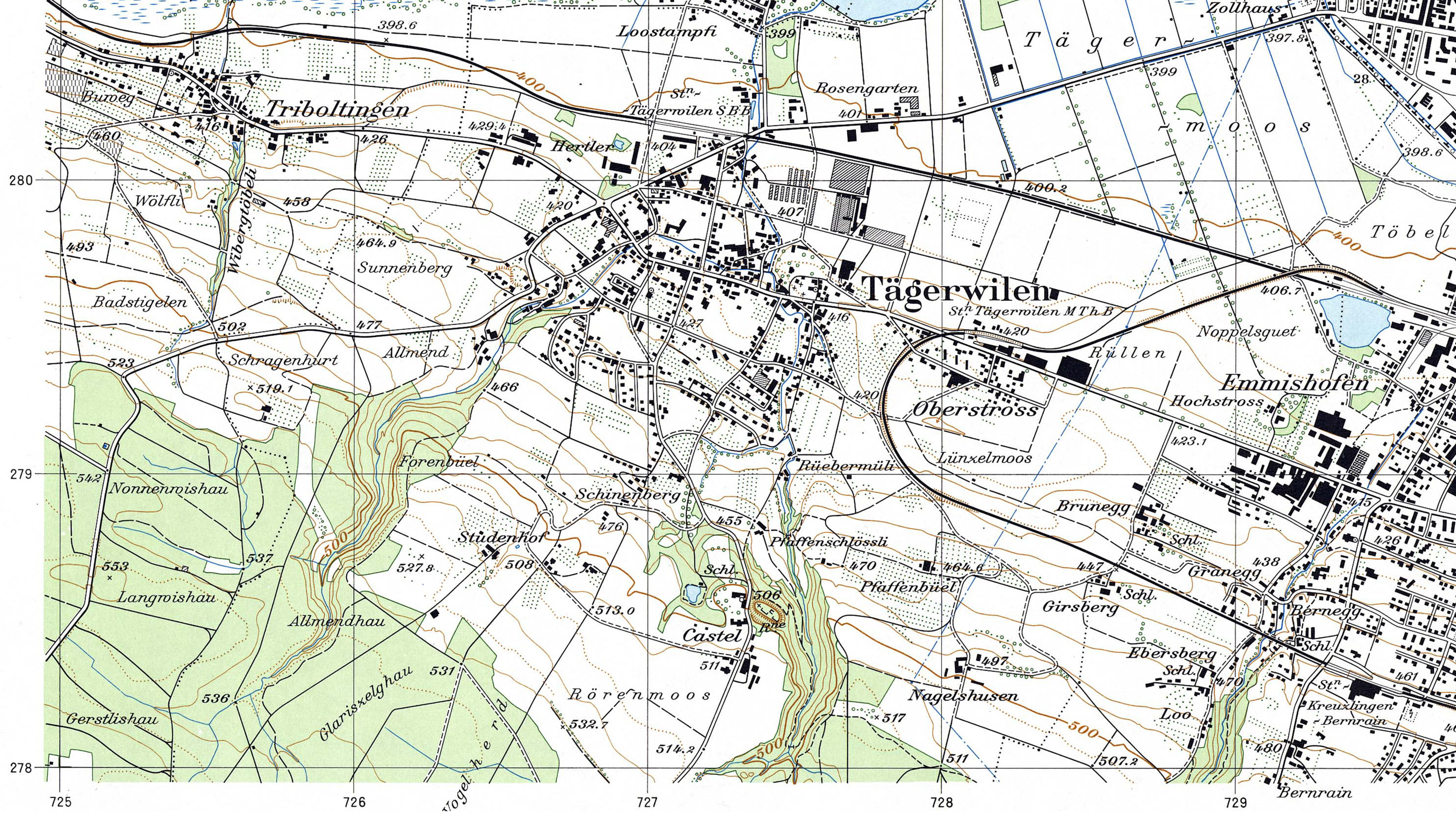 L'image montre un extrait de la carte nationale. La grille kilométrique avec les chiffres des kilomètres est clairement visible.
