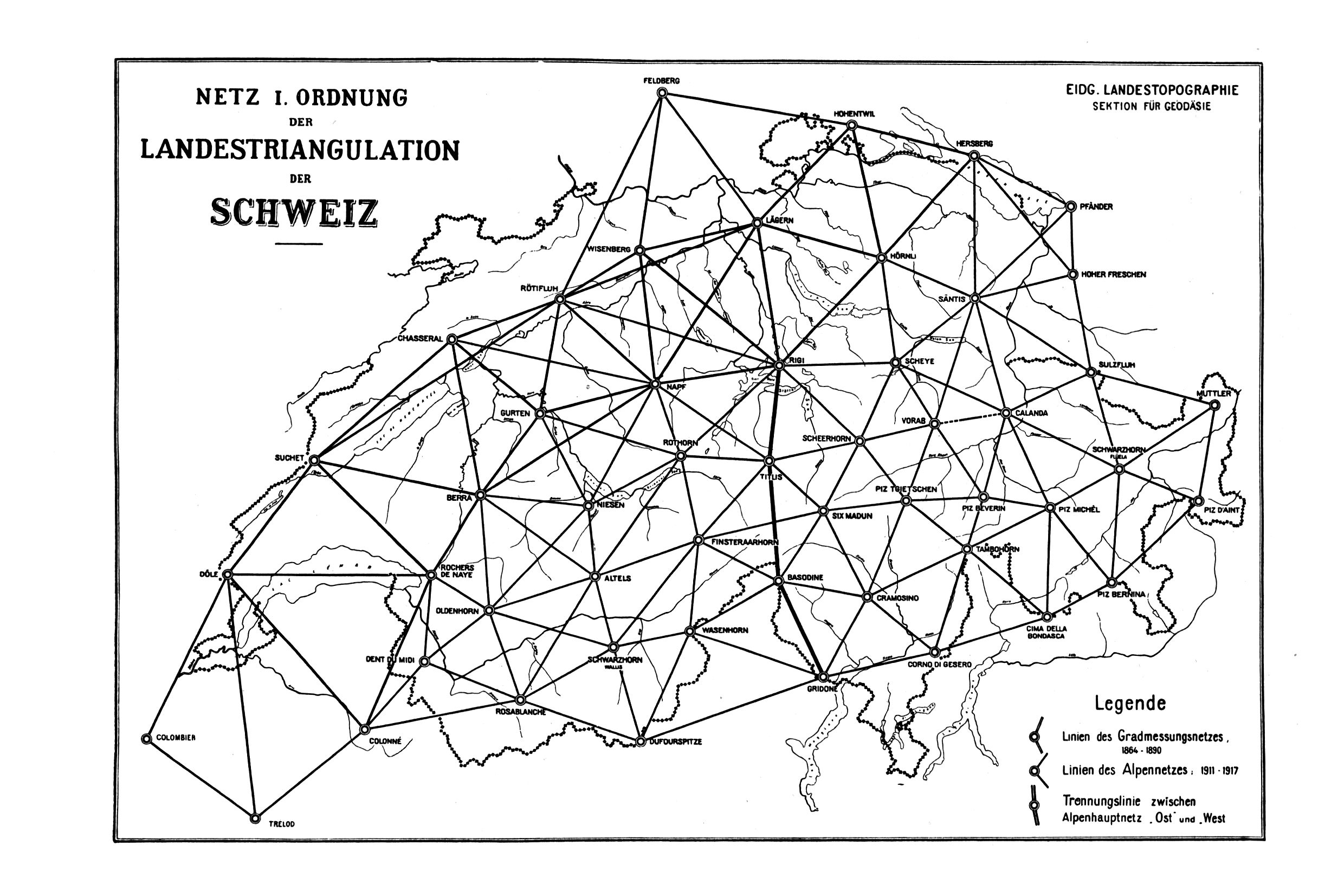 Carte du réseau de triangulation de la Suisse de premier ordre. 