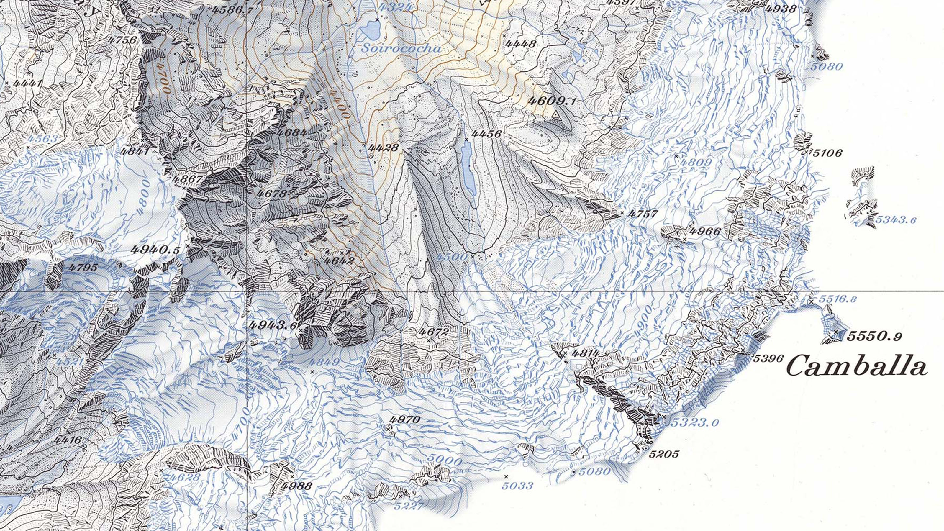 Extrait de la carte "Panta". Elle montre les montagnes péruviennes, les glaciers, les prairies et les cours d'eau à la manière suisse.