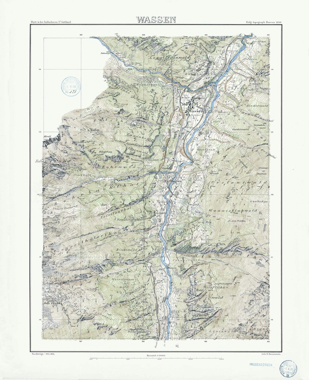 Feuille « Wassen » de la carte des fortifications de la région du Saint-Gothard, 1921.