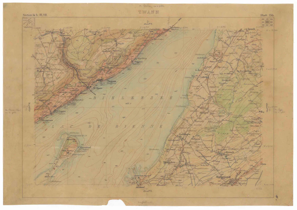 Papier calque dessiné à la main, comportant des modifications apportées à la carte de Siegfried dans la région du lac de Bienne
