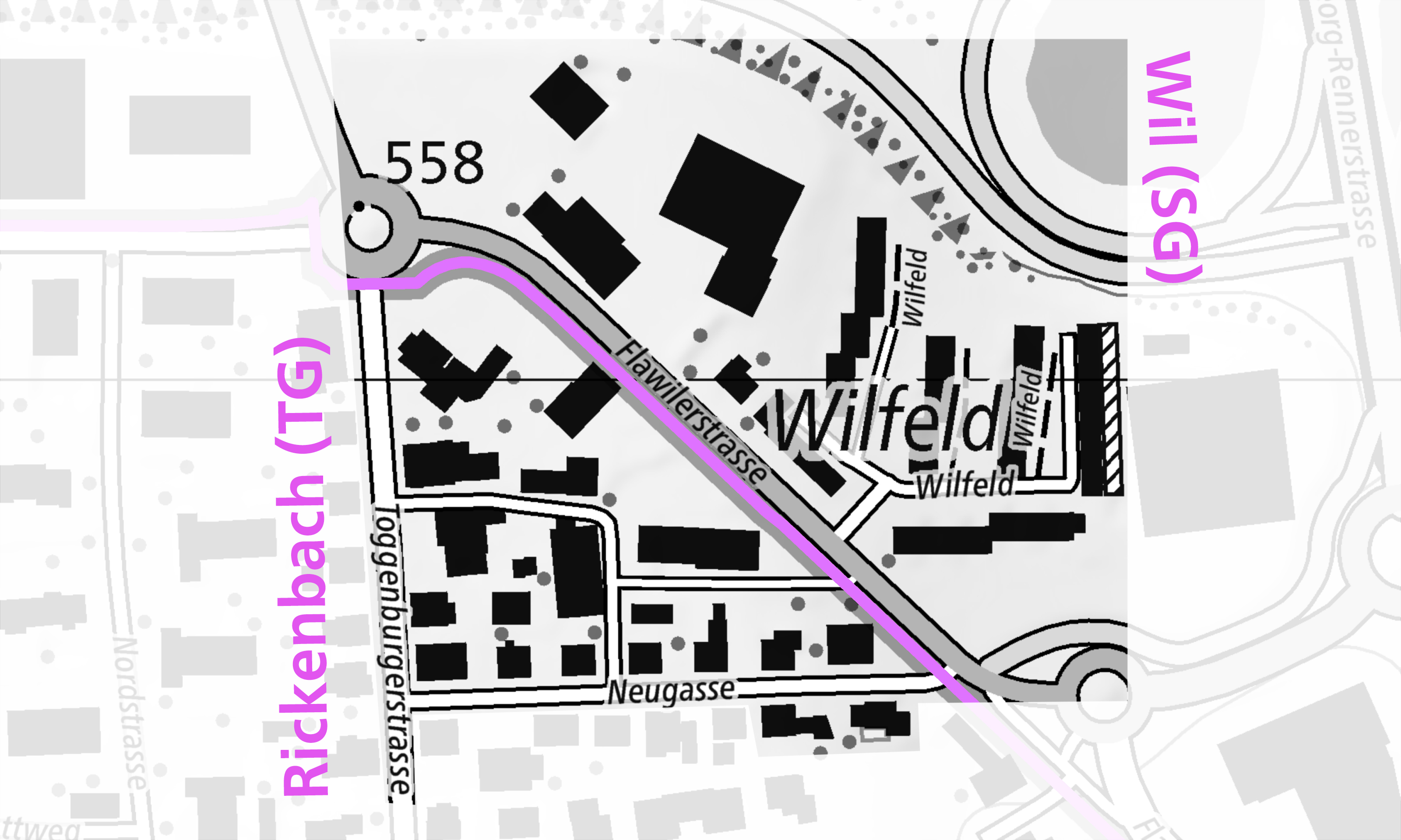 Un extrait de carte en noir et blanc d'une zone urbaine avec une limite communale en violet, qui suit une route.