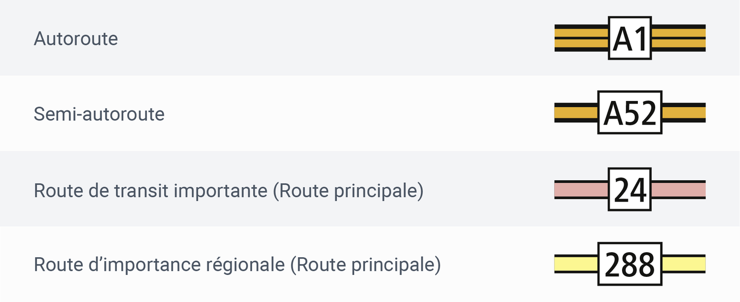 L'extrait des signes conventionnels montre les différences dans la signalisation autoroute et semi-autoroute