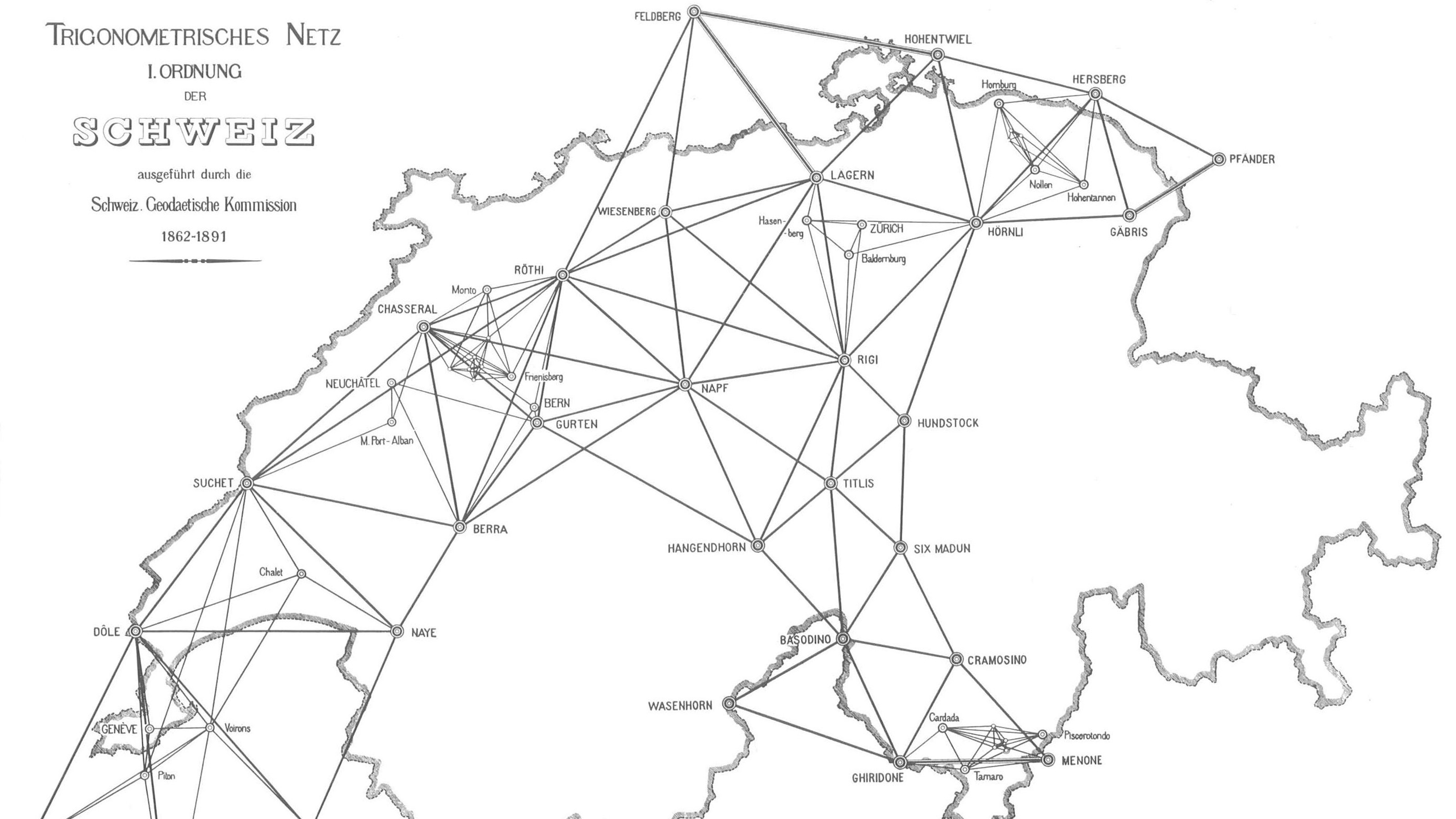 Réseau de triangulation de la Suisse. Contour de la Suisse, points de mesure et lignes de liaison. 