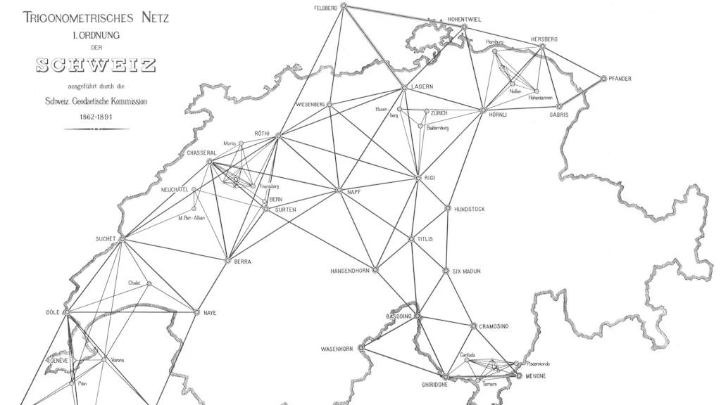 Réseau de triangulation de la Suisse. Contour de la Suisse, points de mesure et lignes de liaison.