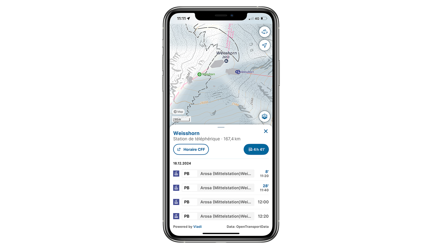 Application swisstopo avec un extrait de la Base Map montrant l'horaire à partir du Weisshorn.