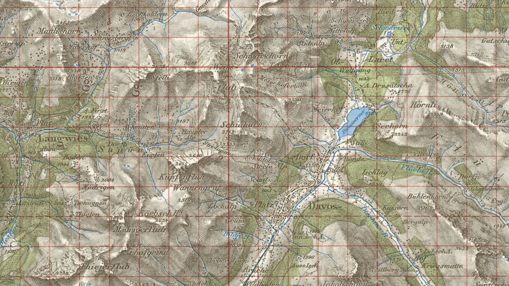 L'extrait de la carte Dufour montre Davos et ses environs, recouverts d'une quadrillage kilométrique rouge.
