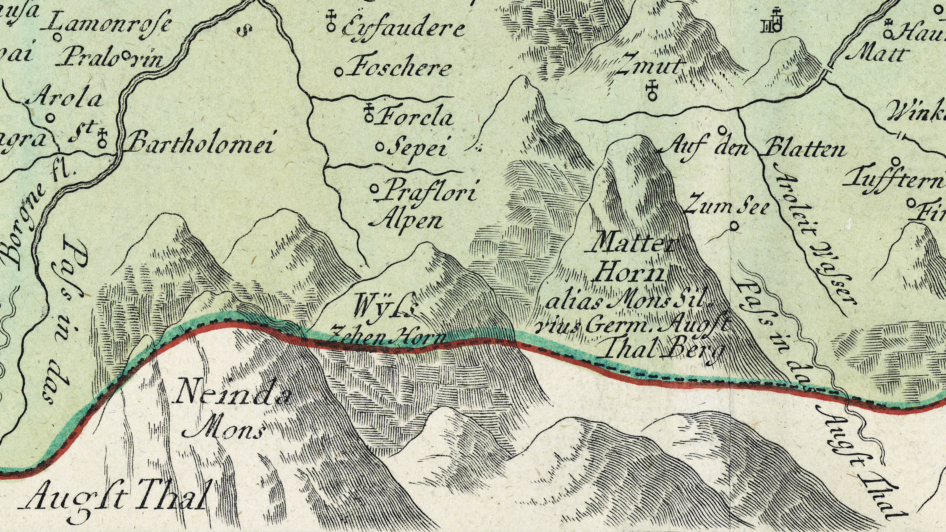Carte dessinée à la main datant du 18e siècle. Les montagnes sont représentées de manière générique et ne correspondent pas à leur forme réelle. A côté du Cervin, on peut reconnaître un nom de montagne Wyss Zehen Horn.