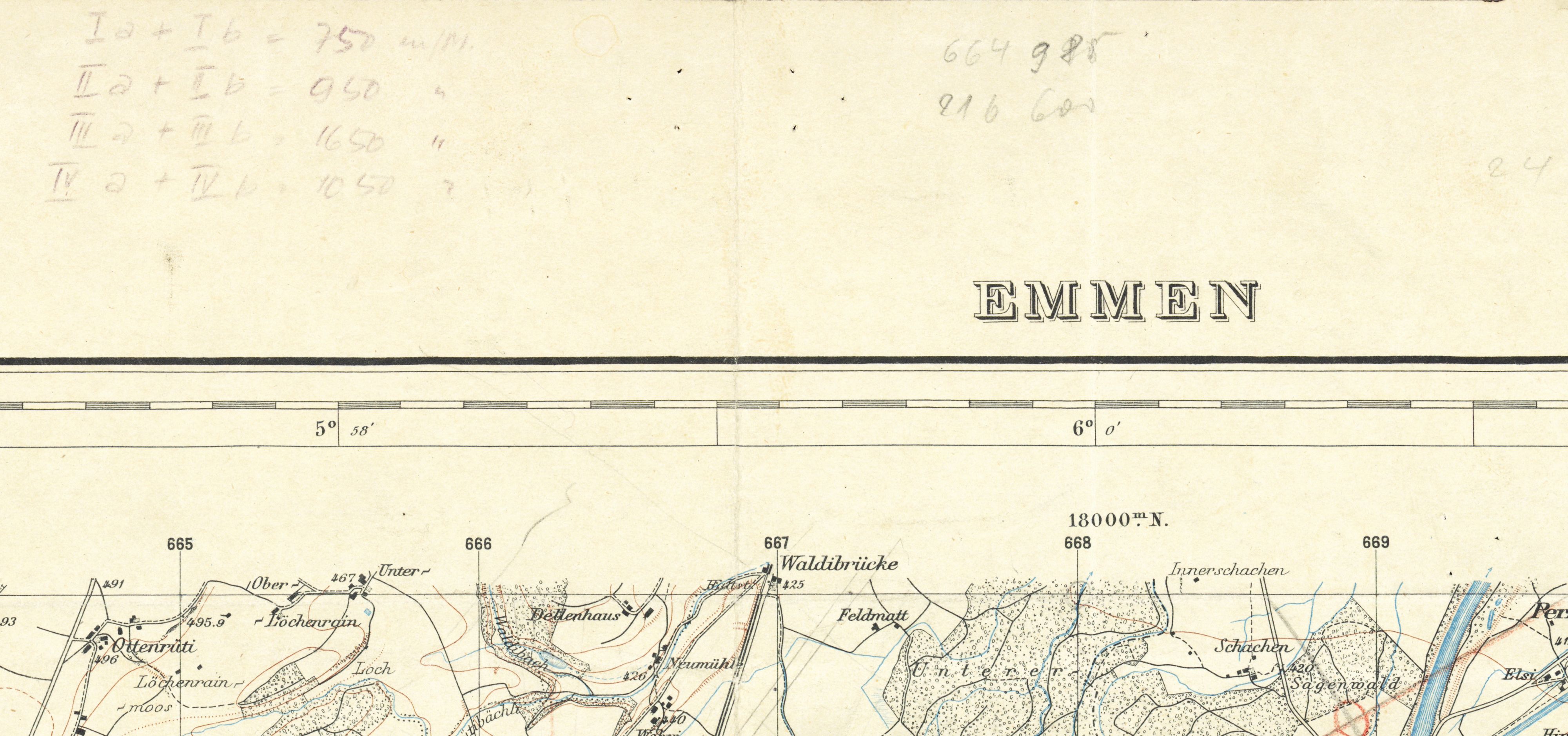 Extrait de la carte Siegfried de 1947. Sur le bord supérieur de la carte, des altitudes de vol ont été inscrites à la main au crayon.