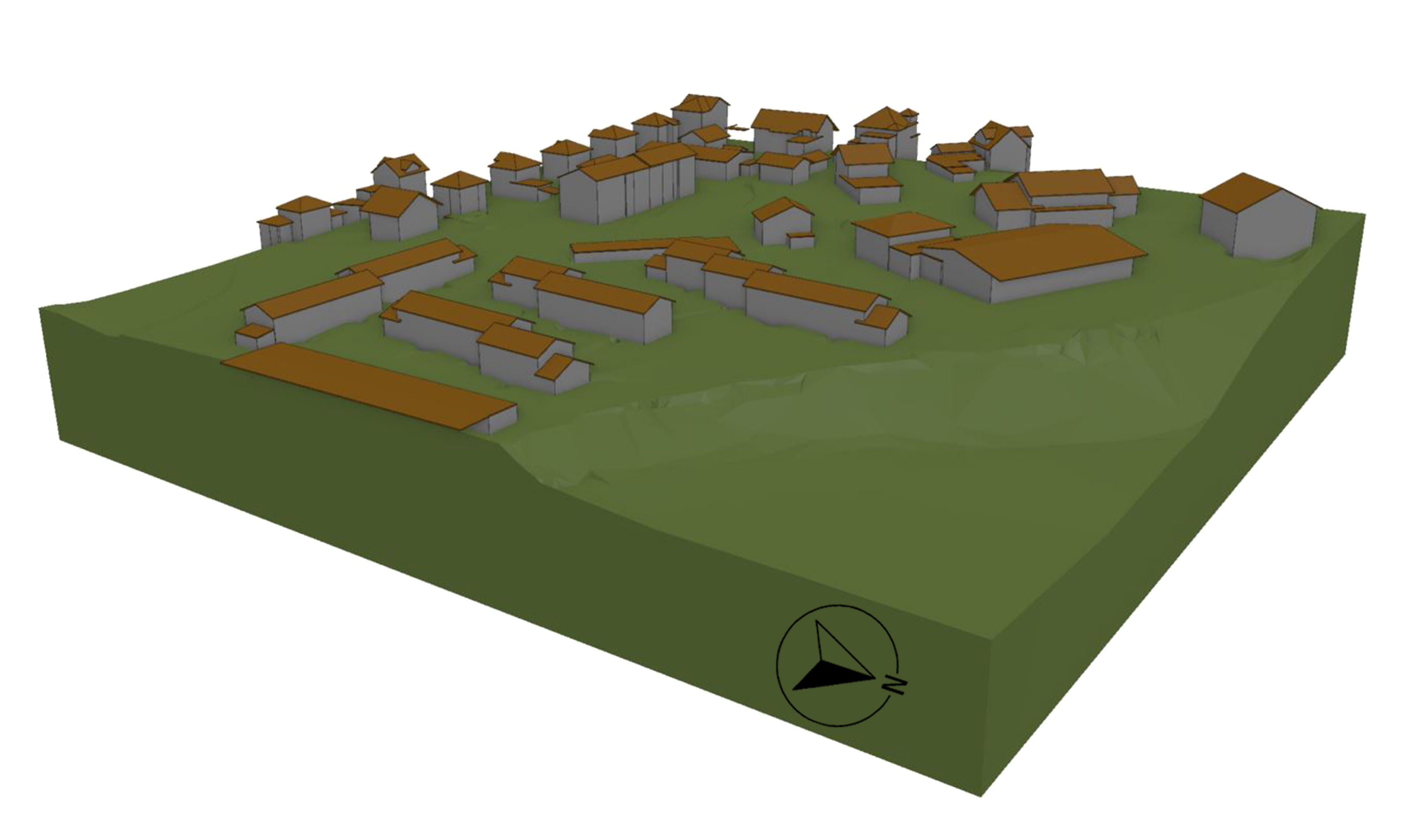 Représentation de bâtiments en 3D vus du ciel avec un terrain solide de couleur vert forêt.