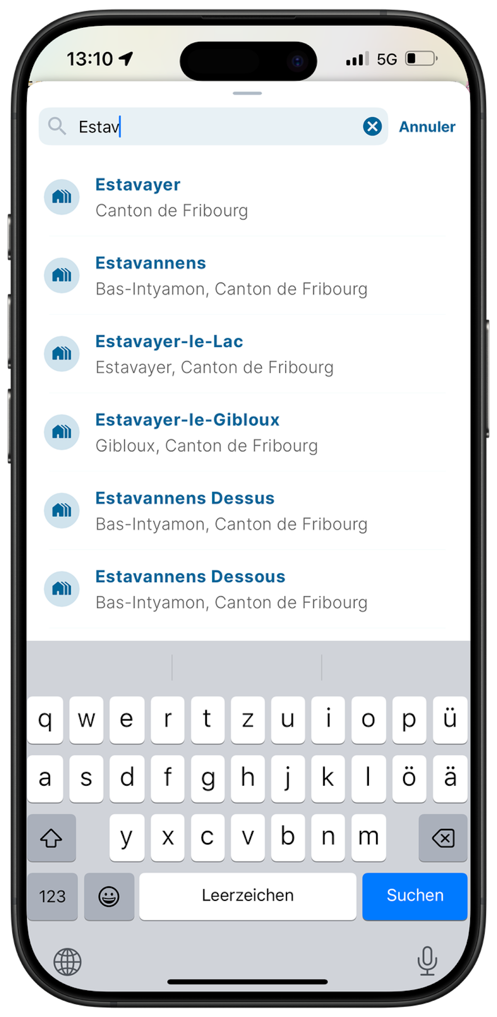 Screenshot de l'app swisstopo avec la recherche