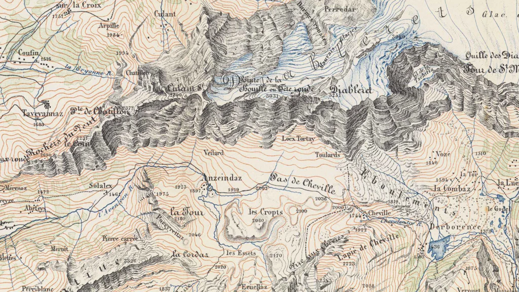 Extrait de la carte multicolore du CAS du Valais du Sud. Cet extrait met en valeur la représentation magistrale des parois rocheuses réalisée par Rudolf Leuzinger.