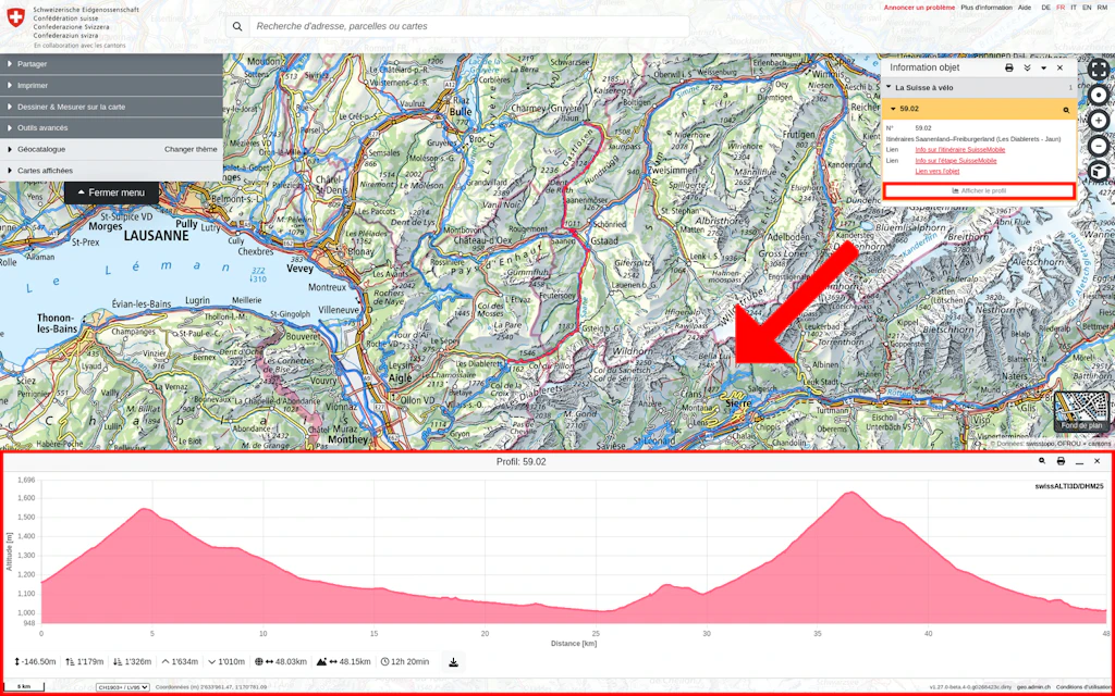 Anzeige des Höhenprofils auf map.geo.admin.ch