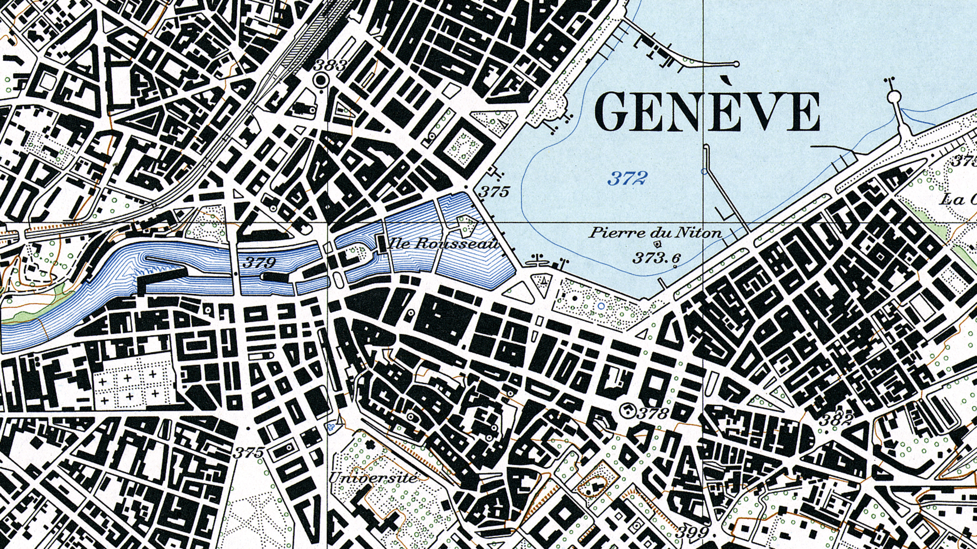 Sezione di Ginevra dalla carta nazionale del 1956, che mostra la RPN nel bacino del Lago di Ginevra con le curve di livello.