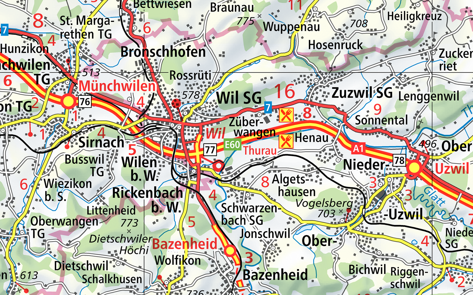 L'immagine mostra una sezione della mappa stradale con i dintorni di Wil SG