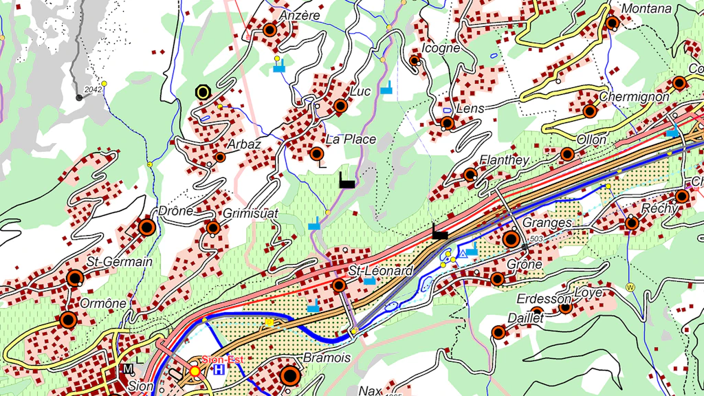 L'immagine mostra il modello di paesaggio swissTLMRegio simbolizzato nella regione di Sion.