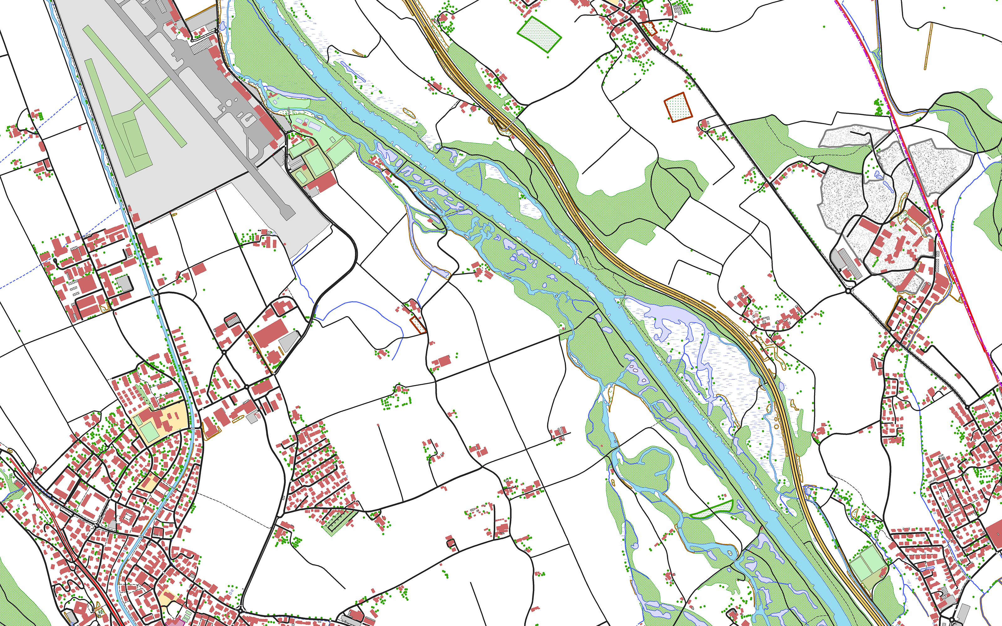 L'immagine mostra il modello paesaggistico swissTLM3D nella regione Belp - Rubigen - Allmendingen b. Bern