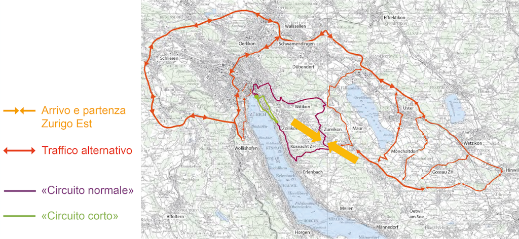 Mappa di Zurigo e dintorni con i circuiti e i percorsi alternativi per il traffico, che si snodano ampiamente intorno alle zone di gara.