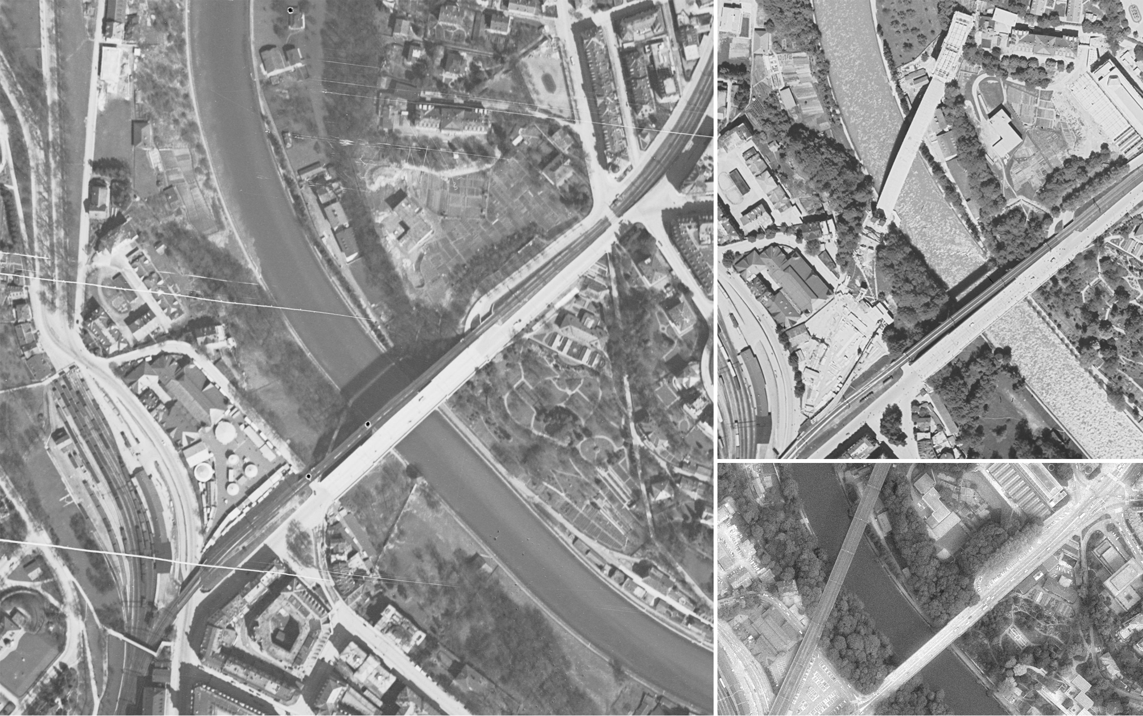 Serie temporali di fotografie aeree (1931, 1938, 1981), che documentano la nascita del ponte ferroviario a Berna