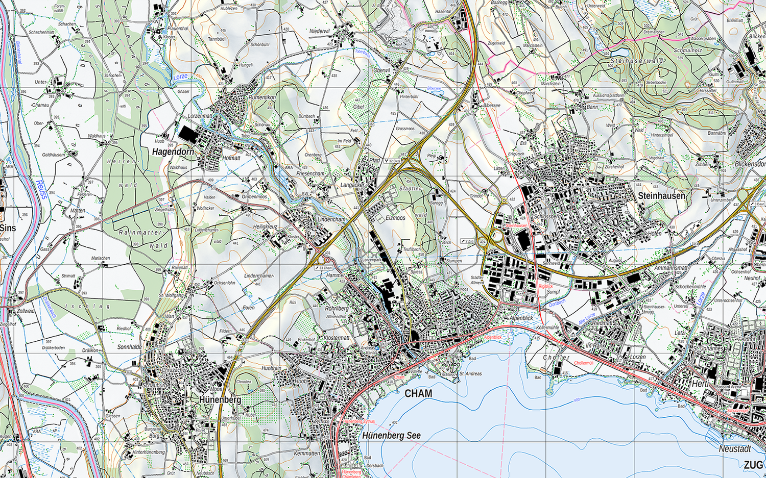 L'immagine mostra una sezione della carta Swiss Map Vector 25 dell'area di Cham (ZG) con l'area settentrionale e la parte settentrionale del lago di Zugo.