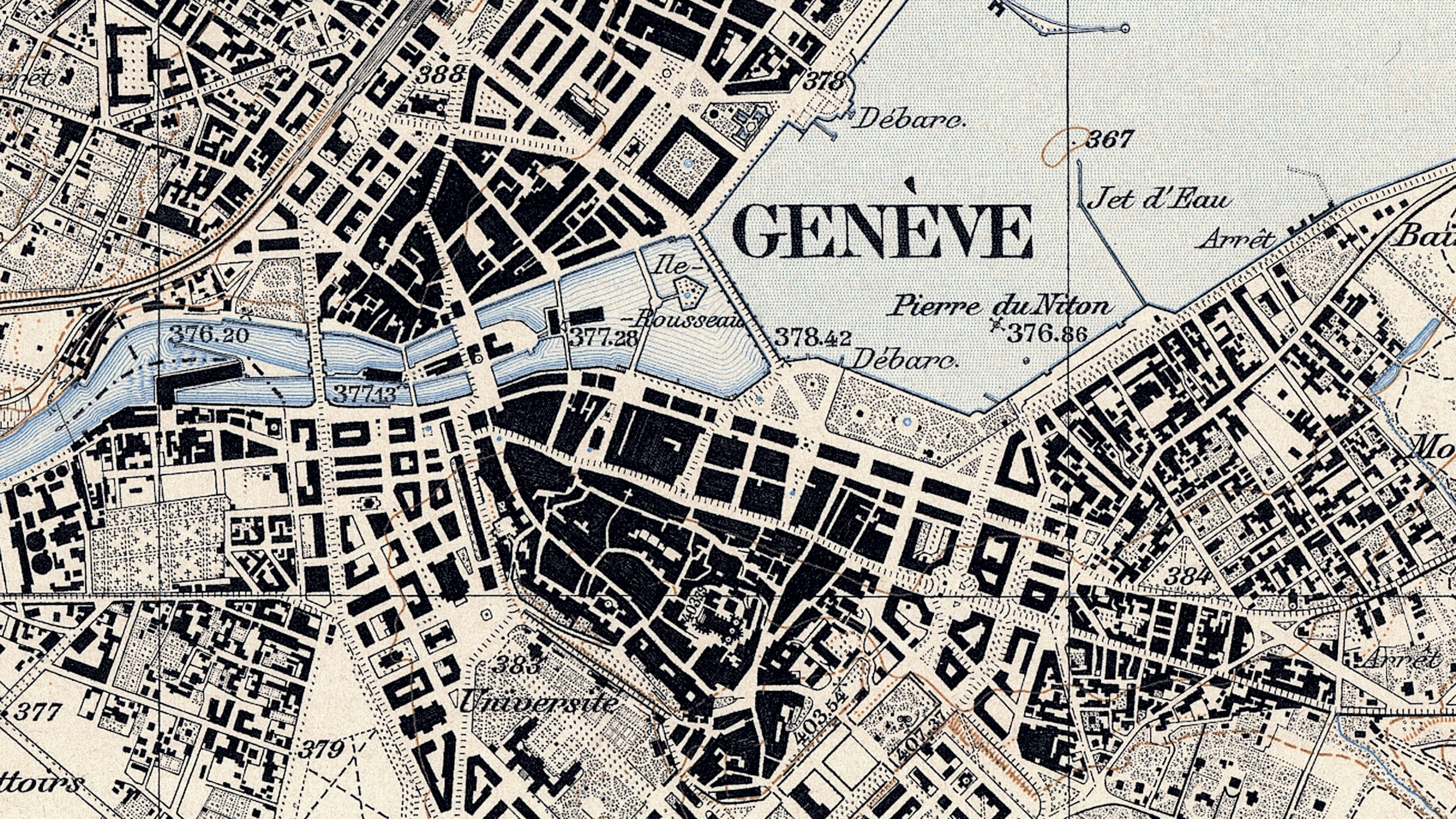 Particolare di Ginevra dalla carta Siegfried del 1899. Il masso con RPN e la sua elevazione sono ben evidenziati nel bacino del lago di Ginevra.