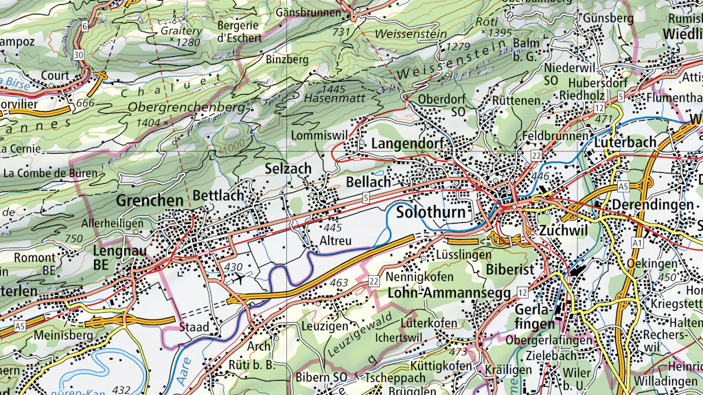 L'immagine mostra una sezione della carta Swiss Map Raster 200 dall'area di Soletta a Pieterlen con il Weissenstein.