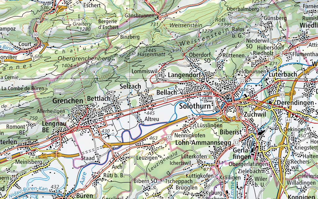 L'immagine mostra una sezione della carta Swiss Map Raster 200 dall'area di Soletta a Pieterlen con il Weissenstein.