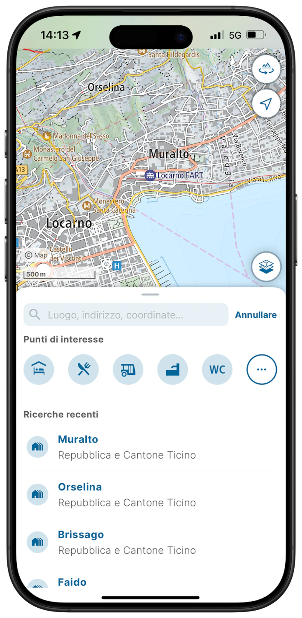 Screenshot dell'app swisstopo con la cronologia delle ricerche