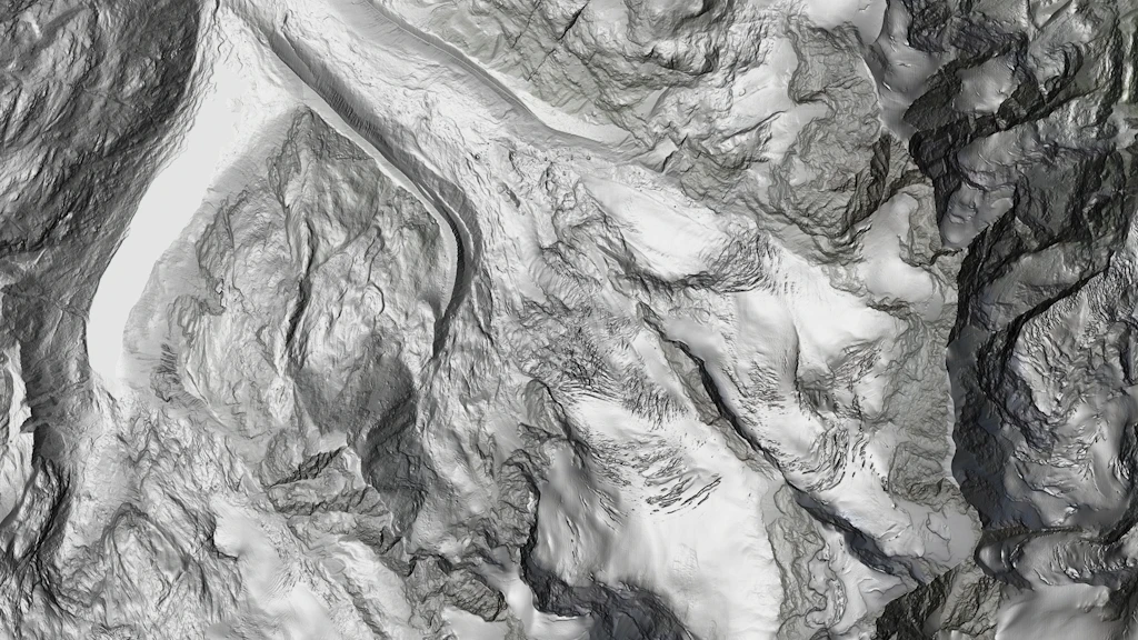 L'immagine mostra un'ombreggiatura in rilievo ricavata dai dati del modello digitale del terreno swissALTI3D, dell'area dei ghiacciai del Bernina, del Biancograt e della Tschierva (GR).