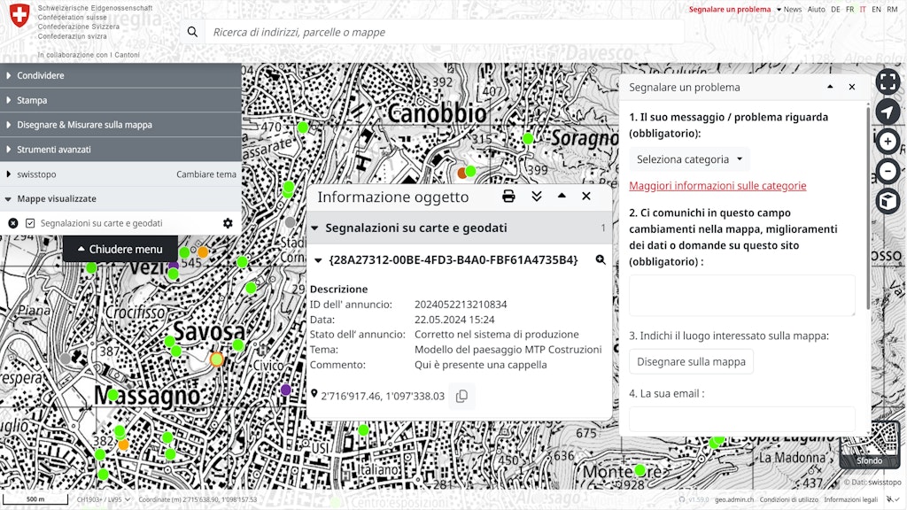 Screenshot dello strumento online swisstopo per l'invio di segnalazioni di correzioni. Nel visualizzatore di mappe sono visibili le diverse segnalazioni inviate sotto forma di punti e una finestra aperta per l'inserimento delle segnalazioni.
