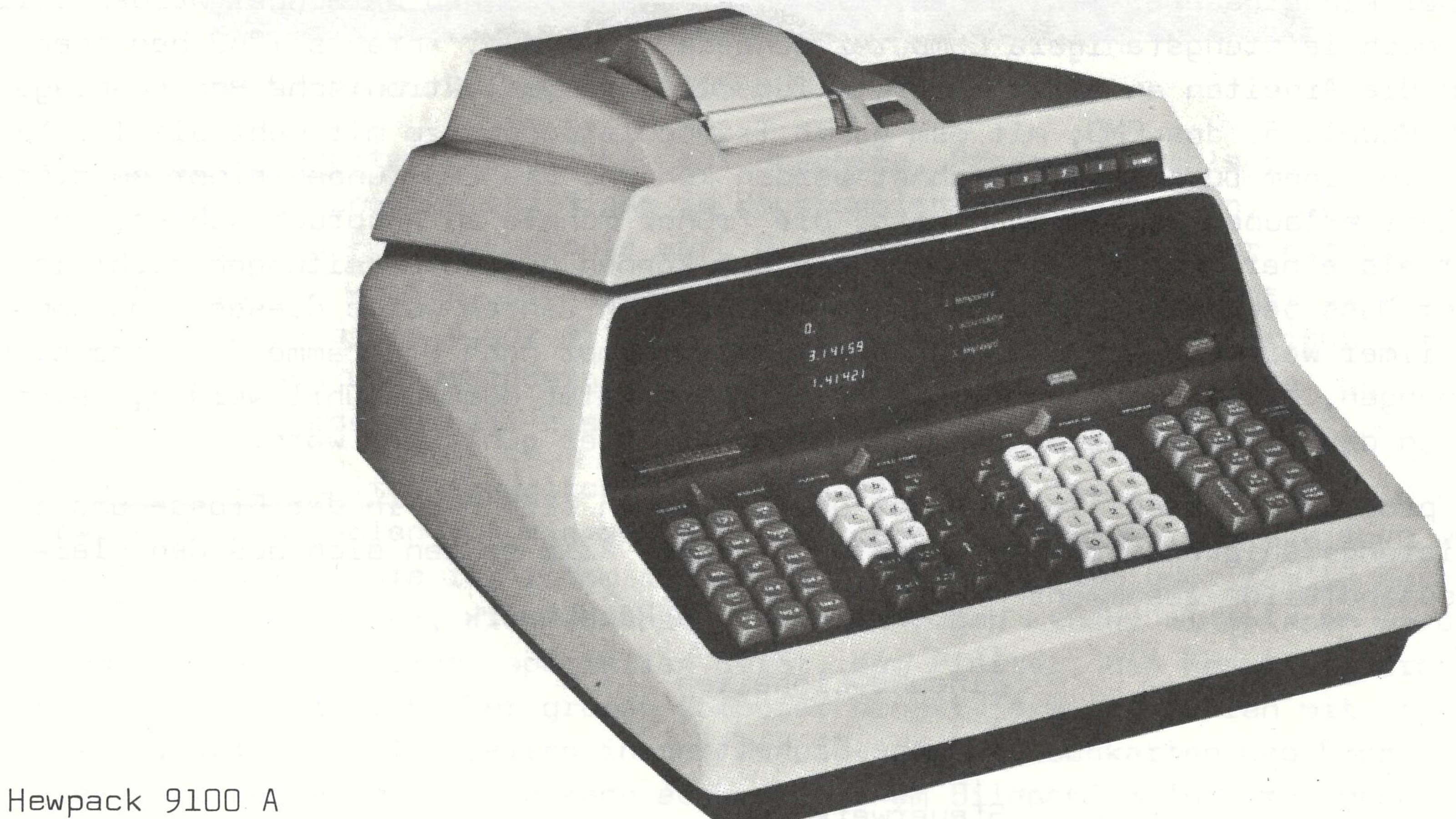 Immagine del prodotto della calcolatrice elettronica da tavolo Hewpack 9100, prodotta alla fine degli anni '60.