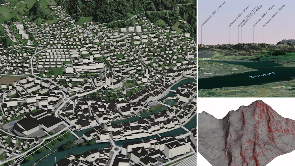 L'immagine di copertina mostra tre servizi di swisstopo, con il pacchetto 3D in formato OBJ a sinistra e digirama e terreno in formato FBX a destra.
