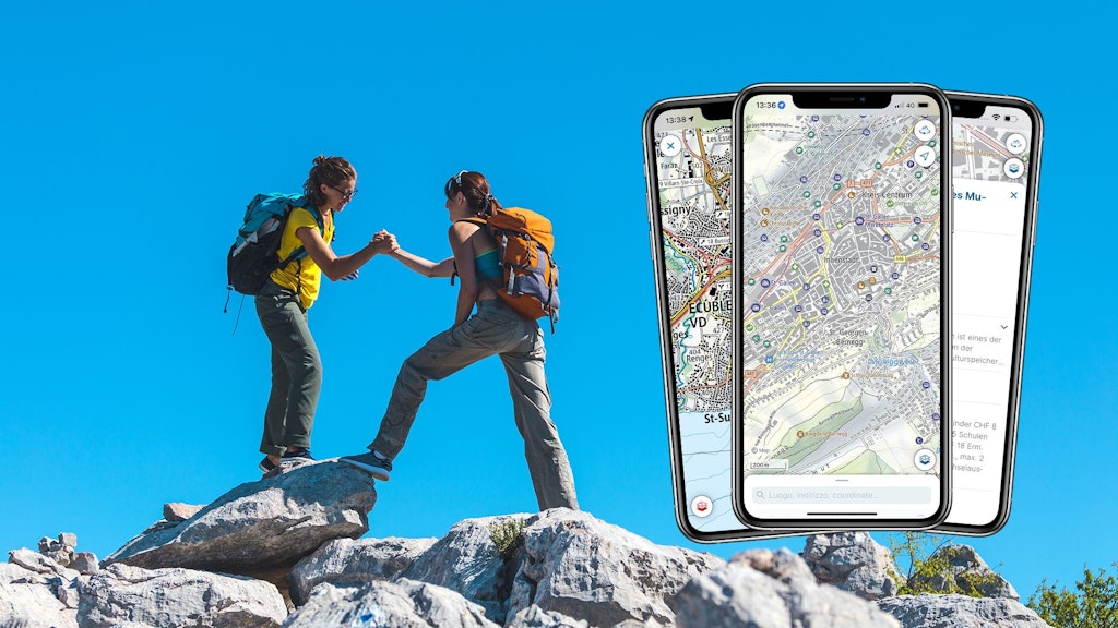 Screens Base Map app swisstopo con donne che si abbracciano sullo sfondo