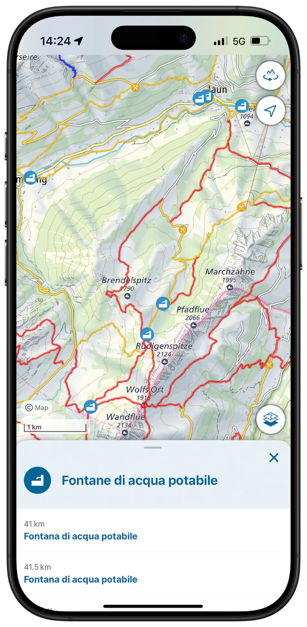 Screenshot dell'app swisstopo con la ricerca di POI